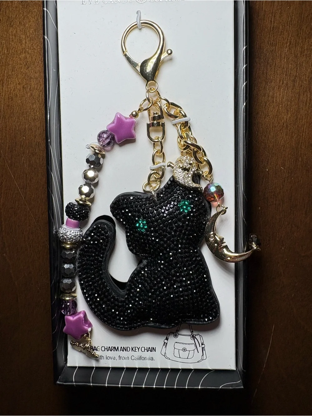 eye candy Black Cat Keychain with Green Crystal Eyes and Purple Star Beads